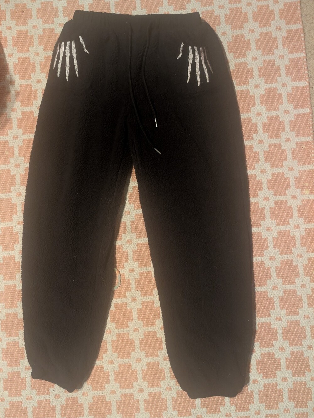 ROMWE Black Womens FuzzyJoggers with White Skeleton Hand Pocket Embroidery